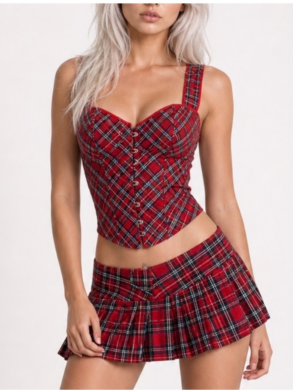 🍒🖤 Y2K Indie Grunge Red Plaid Corset & Pleated Micro Mini Skirt Set